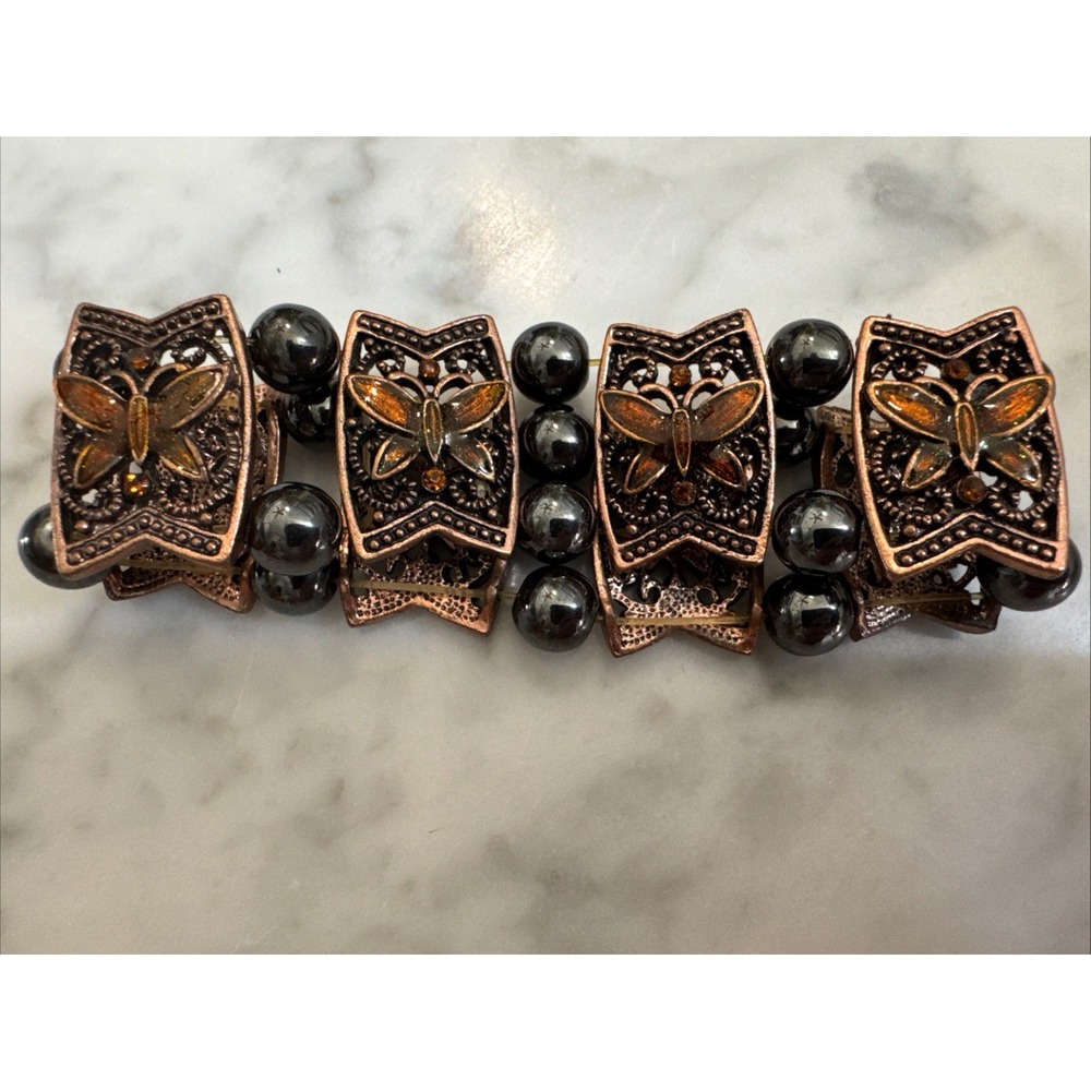 Ladies Magnetic Therapy Bracelet, Orange Rhinestones W/Black Beads, Butterfly‎